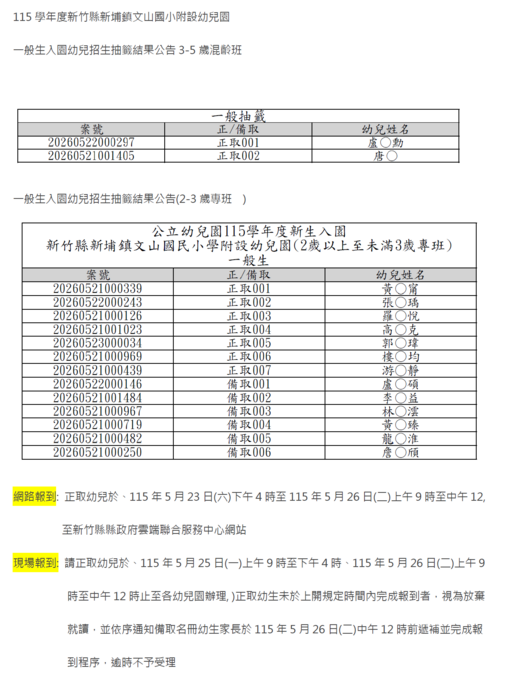 115年幼兒園一般生抽籤結果公告